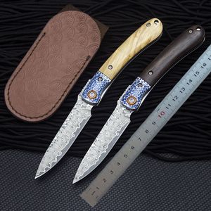 1Pcs R7802 Damascus Pocket Folder Knife VG10 Damascuss Steel Blade livewood / Ebony with Steels Head Handle EDC Folding Knives with Leather Sheath