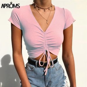 Aproms Sexy V Neck Cropped Tank Tops Women Drawstring Tie Up Front Camis Candy Colors Streetwear Slim Fit Ribbed Crop Top 2019 C190420