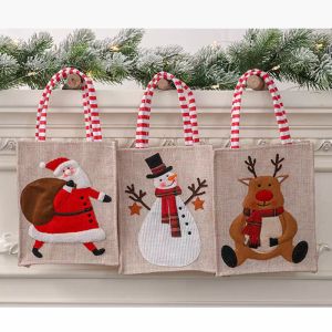 크리스마스 캔버스 3 차원 자수 토트 가방 리넨 재사용 가능한 어린이 선물 사탕 저장 가방 쇼핑 가방 크리스마스 장식