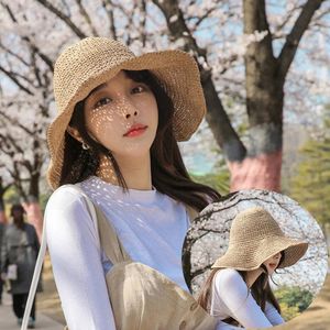 Berets Korean Version Handmade Straw Woven Solid Color Hook Hat Summer Big Brim Sunshade Fashion Wild Casual Fisherman HatBerets