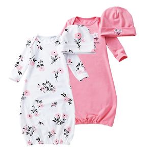 Nyfödd spädbarnsbomull pyjamas set 0-24m baby tecknad design tryckt sovsäck långärmad sömnsack +hatt = 2 st/set