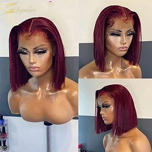 Lace Wigs Red Burgundy 99j Straight Front Wig Colored Human Hair Bob Short Blunt Cut Pixie Full HD Frontal For Women Tobi22
