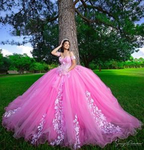 Розовое бальное платье принцессы с плечами, платье Quinceanera, расшитое бисером платье для дня рождения, аппликации, платья для выпускного вечера, Vestido De 15 Anos es