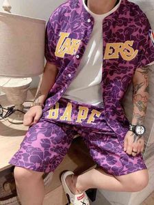 Varumärkesdesigner T skjorta Trendy Ape Head Purple Mesh Baseble Baseball Jacket Kort ärm T shirt Crew Cardigan