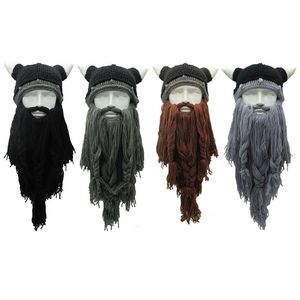 Dorosły szalony zabawny halloweenowy cosplay dzianina Viking brodę rogu maska ​​narciarska barbarzyńca vintage vintage czapka czapka zimowa cieplej 220812