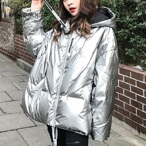 Winter Fashion Glossy Bright Down Parka Womens Hooded Coat Female Zip Jacket Large Size Loose Warm Thick Parka Women Jacket 201125