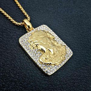 Pendant Necklaces Full Rhinestone Gold Color 316L Stainless Steel Square Teenage Girl Necklace For Men Bling Hip Hop Rock Jewerly Dog TagPen