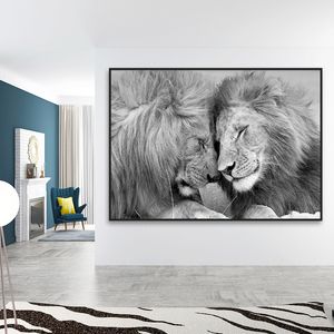 Black African Lions Canvas Painting Animal Wall Art Posters and Prints Lion Head To Head Art Pictures for Living Room Home Decor