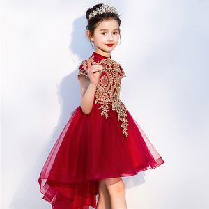 Luxurious Flower Girl Dress Long Train With Bow Bead 3D Flowers Appqulies Ball Gown Princess Holy Fisrst Communion High Low Girls Pageant Dresses 403