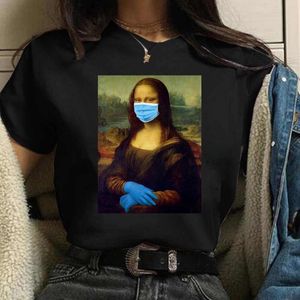 Harajuku Ästhetische Frauen Mona Lisa T Hemd Maske Parodie Persönlichkeit Ölgemälde Tops Weibliche T-shirt Vintage 90s Cartoon Kleidung