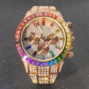 Wristwatches Rose Gold Iced Out Men Watches Three Eye Rainbow Diamond Watch Man Luminous Round Stainless Steel Hiphop Wristwatch MaleWristwa