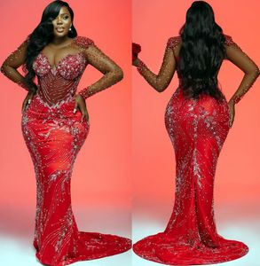 2022 Plus Size Arabic Aso Ebi Red Luxurious Mermaid Prom Dresses Beaded Crystals Evening Formal Party Second Reception Birthday Engagement Gowns Dress ZJ845