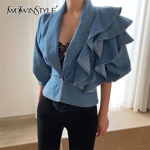 Twotwinstyle Patchwork Ruffle Tunic Shirt for Women V Neck Half Sleeve Denim Blouse Female Fashion Clothing Autumn 210308