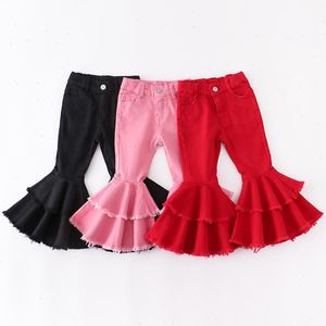 GirlyMax Sevgililer Günü Jean Bebek Kız Kidswear Kıyafetler Çocuk Pembe Kırmızı Sıkı Bell dipleri Denim Kot Pantolon Elastik Tüm Maç