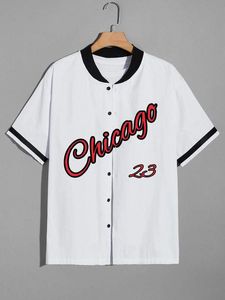 Camisas de hombre con estampado de letras, cuello de béisbol gráfico, estilo informal americano, camisa de baloncesto a cuadros de retazos