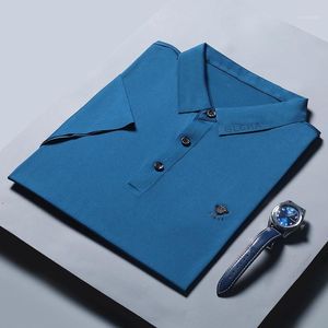 الرجال بولو الصيف الصلبة الأزرق قصيرة الأكمام التلبيب تي شيرت ضوء الأعمال قميص عارضة الحرير