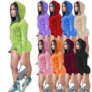 2022 Velvet Tracksuits For Women Two Piece Pants Set Autumn Winter Velour Hooded Ruffle Shorts Casual Suit Sweatsuits