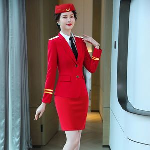 Two Piece Dress Airline Stewardess Security Woman Long Sleeve Work Uniform Blue Red Pants Skirt Suits Professional Commuting Formal Clothing