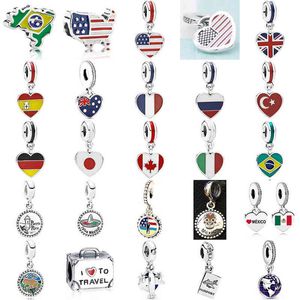 2021 Novo 100% 925 Sterling Silver Dangle Pingente Fit DIY Girl Bracelete Colar Original Charme National Flag Tour Jóias Presente AA220315