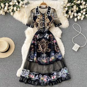 Casual Kleider Frauen Blume Gedruckt Kurzarm Maxi Kleid Gaze Mesh Patchwork Durchsichtig Perspektive Hemd Lange 2022