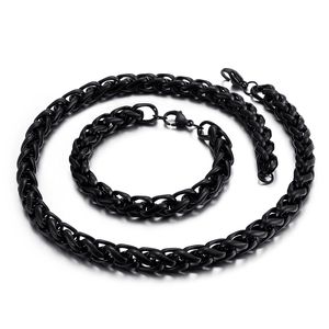 Black Plated Stainless Steel Jewelry Set Necklace Bracelet Huge Heavy 8mm/10mm Wheat Chain Link Braid Fashion Gifts for Mens Women Holiday Birthday Gifts