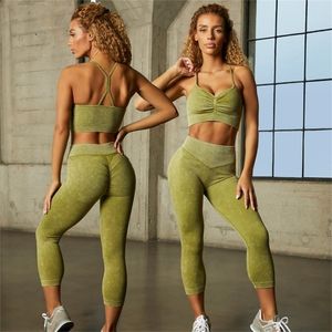 Yoga sem costura set esporte terno mulheres palavrões dois peça treino roupas de ginástica roupa de ginástica alta cintura leggings top 220330