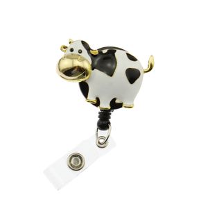 50st/Lot Dairy Milk Cow White Black Emamel Animal Dractable ID Name Badge Reel Holder Nurse Medical Gift