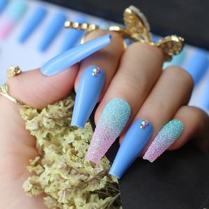 long coffin UV fake nail ombre glitter pink blue false nails gel 220725