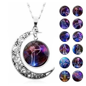 12 Constellation Necklace Zodiac Signs Cabochon Glass Crescent Moon Pendant Clavicle chain Necklace Birthday Gifts for Women GC1001