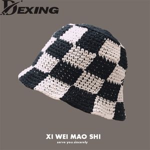 Korean Hand Made Crochet Bucket Hats Spring Summer Soft Sun Hat Women Plaid Designer Bob Fisherman Cap 220427