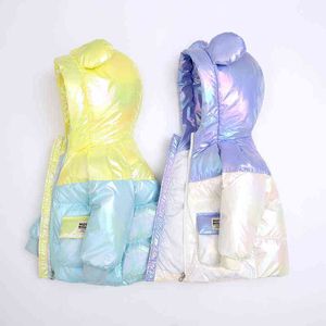 2021 Glossy White Duck Down Jacket For Girls Waterproof Jacket Söta stora öron Huven Barn Ytterkläder Vinter Toddler Girl Clothing J220718