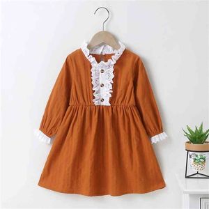 Autumn Winter Girls Dress Long Sleeve Lace Brown Patchwork Cute Sweet Baby Vestidos 2-6T 210629