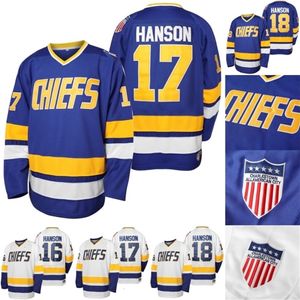 Vipceomit mens charlestown Hanson bror slap sköt tröja #16 jackhanson #17 Steve Hanson #18 Jeff Hanson Movie Hockey Jerseys Blue White S-xxxl In