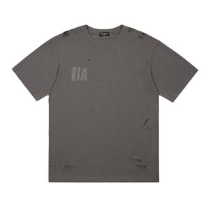 Herren T Shirts Schwarzes graues Eis Riss großer Schaden riss Crack Druck gewaschenes Loch kurzärmeliges T Shirt
