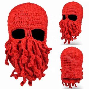 Men Women Creative Funny Tentacle Octopus Knitted Hat Long Beard Beanie Cap Balaclava Winter Warm Halloween Costume Cosplay Mask XVZV802