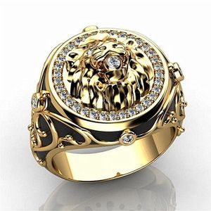 Ringos de cluster Fashion Moda Masculine Lion Gold Color for Men Zircon Diamonds Gemtones Bane