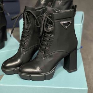 Designer plackstövlar snörning upp fotled 9 5 cm kvinnor svarta läder stridsstövlar hög klack vinterkvalitet med låda
