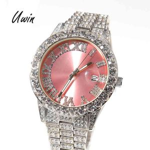 2022 Iced Out Baby Pink Women with Purple Dial Bling Hip Hop Watch