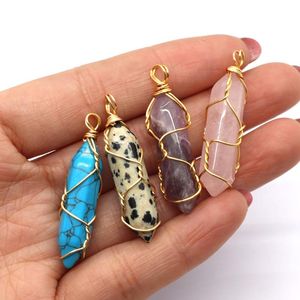 Pendanthalsband Natural Stone Hexagonal Column x40mm Gold Wire Winding Spotted Reiki Armband Necklace Earring Accessories Svenemang