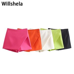 Willshela Women Fashion Asymmetrical Shorts Skirts High Waist Back Pockets Side Zipper Vintage Female Skort Solid 220527