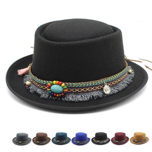 Vintage Wide Brim Curl Top Hat For Men Women Ethnic Woven tygremsor Tasslar Filt hattar Utomhusresor Gentleman Caps HCS171