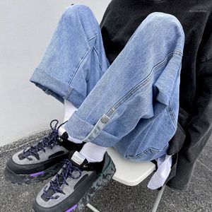Mäns jeans mode rakt löst manschetter mens retro high street tvättad bomull casual denim byxor män vintage hip hop jean byxor