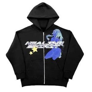 Женские толстовка толстовок Harajuku Zip Up Женщины Y2K Печать одежды подростки винтажные аниме толстые толсты