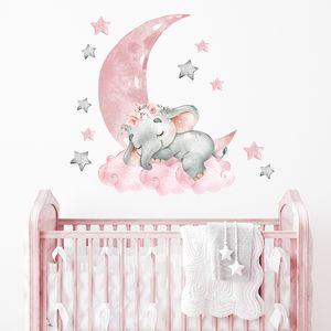 Cartoon Pink Baby Elephant Wall Stickers Air Balloon Decals Nursery Decorative Moon and Stars for Girl 220716