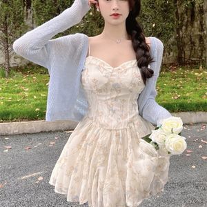Summer Chifon Floral Fairy Dres Korean Fashion Strap Sexy Party Mini sukienka Kobietowe szykowne sukienki 220518