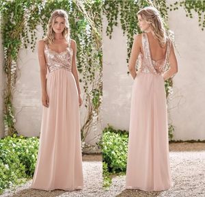 Bir adet 2022 Yeni Gül Altın Nedime Elbiseleri Bir Çizgi Spagetti Sapanlar Backless Sequins Şifon Düğün Parti Elbise Onur Hizmetçi