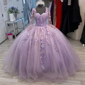 Quinceanera leylak elbiseler Uzun kollu tül korse arka d çiçek dantel aplike pileler fırfırlar özel yapım tatlı prenses doğum günü parti balo elbisesi