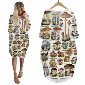Vintage Vegetabilisk svamp 3D -tryckklänning Casual Women Dress with Pocket Party Clothing Longsleve Female Dress W220617