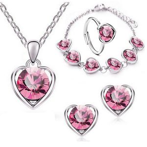 High Quality Fashion pieces set Crystal Heart Pendant Necklace Earrings Ring Bracelet Wedding Jewelry Sets For Women