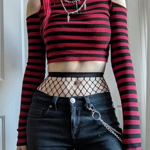 Goth Dark Grunge Paspeded Mall Gothic Podstawowe koszulki punk e-girl estetyczny bodycon Casual Crop Tops Long Rleeve Otwarte Tee 220525